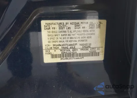 2007 Nissan Sentra 2.0Sl из США, поврежденный, VIN 3N1AB61E07L666139